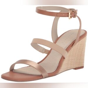 SANCTUARY Women Nude Mixed Media Wink Toe Wedge Leather Heeled Sandal 8 M